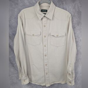 Orvis Medium Pearl Snap Oatmeal Colored Button Down Shirt Thick Fabric Gorgeous